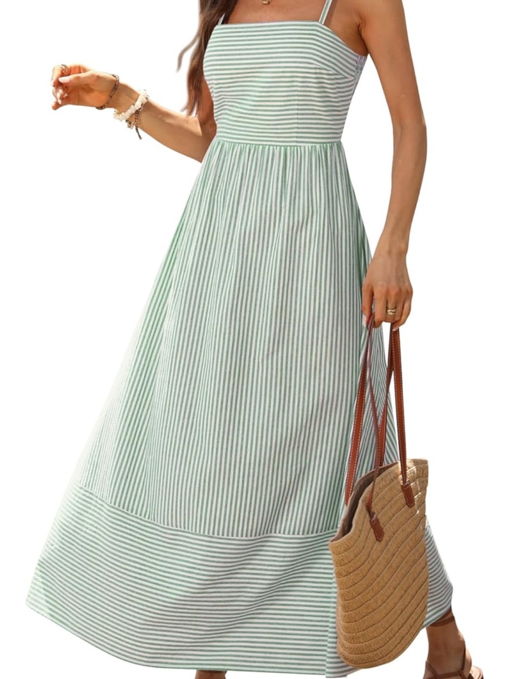 Caracilia Womens Maxi Dresses Gingham Summer Beach green&white